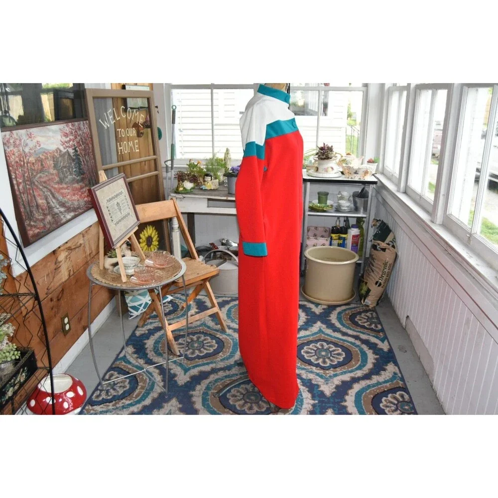1960s Appel Tri-Color Velveteen Maxi Robe -Red, Teal, Cream-Made in USA-Small